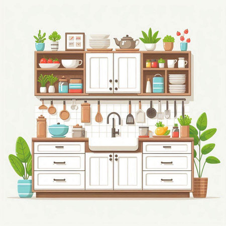 Kitchen interior with furniture and plants. Vector illustration in flat styleのイラスト素材