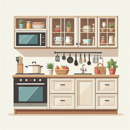 Kitchen interior design with furniture and equipment. Vector illustration in retro style.のイラスト素材