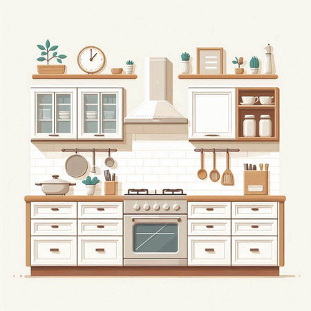 Kitchen interior with furniture and accessories. Vector illustration in flat styleのイラスト素材