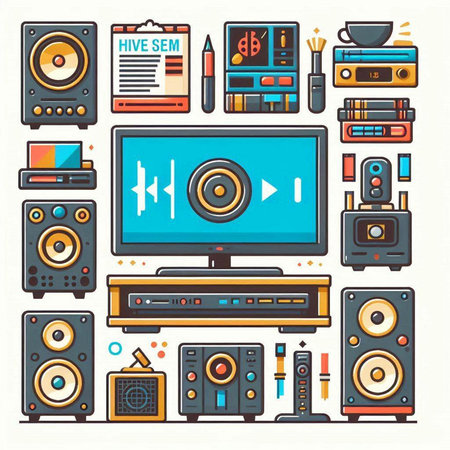Set of different music equipment and devices. Vector illustration in flat style.のイラスト素材
