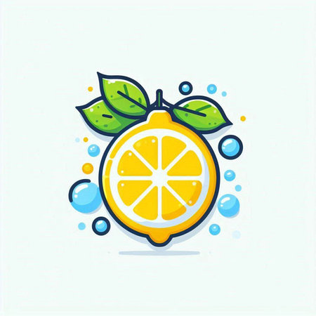 Lemon vector icon. Fresh citrus fruit with leaves and water drops.のイラスト素材
