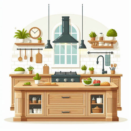 Kitchen interior with furniture and equipment. Vector illustration in cartoon styleのイラスト素材