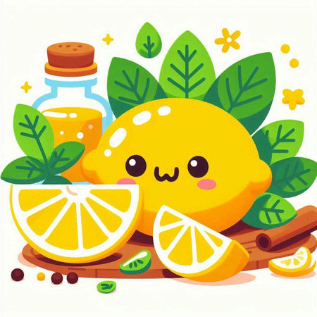 Cute lemon character with a lot of ingredients. Vector illustration.のイラスト素材