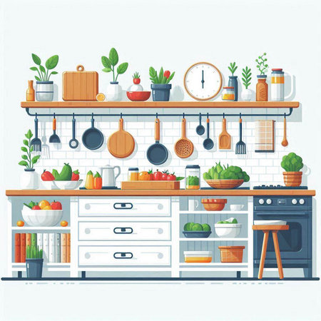 Kitchen interior with furniture and equipment. Vector illustration in flat styleのイラスト素材