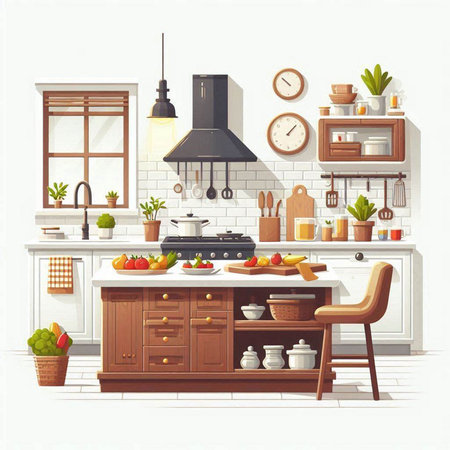 Kitchen interior with furniture and kitchen accessories. Vector illustration in cartoon styleのイラスト素材