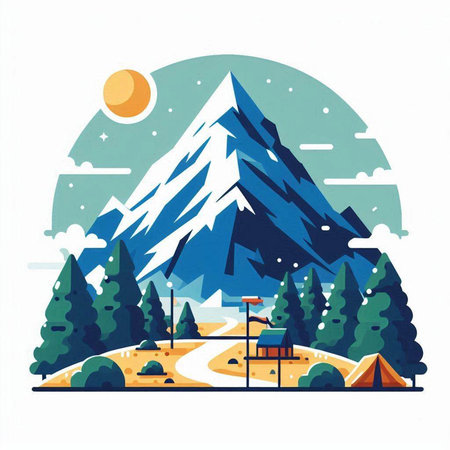 Mountains and camping in the forest. Vector illustration in flat styleのイラスト素材