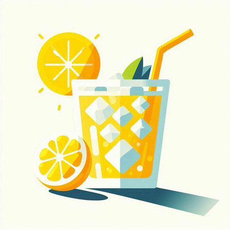 Cocktail with lemon, ice and straw. Vector illustration.のイラスト素材