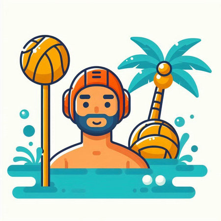Beach vacation vector illustration. Cartoon man in swimsuit with beach ball and palm trees.のイラスト素材