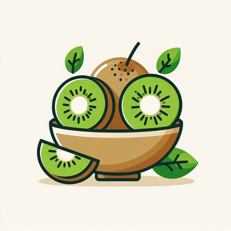 Kiwi fruit in a bowl with leaves. Vector illustration.のイラスト素材