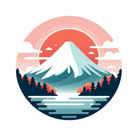 Mountain Fuji with sun and lake. Vector illustration in flat style.のイラスト素材