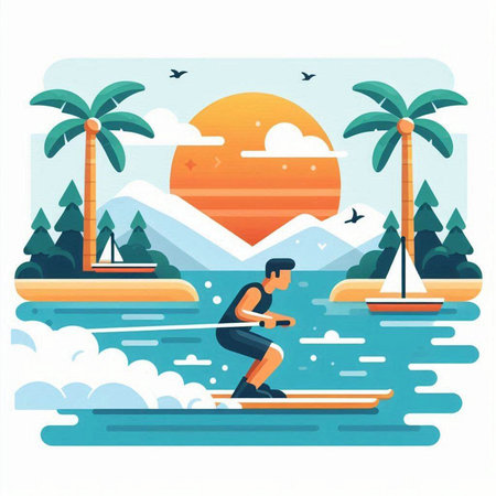 Man on a surfboard. Flat style vector illustration. Summer vacation.のイラスト素材