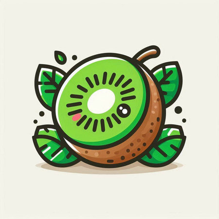 Cute kiwi fruit with green leaves, vector illustration.のイラスト素材