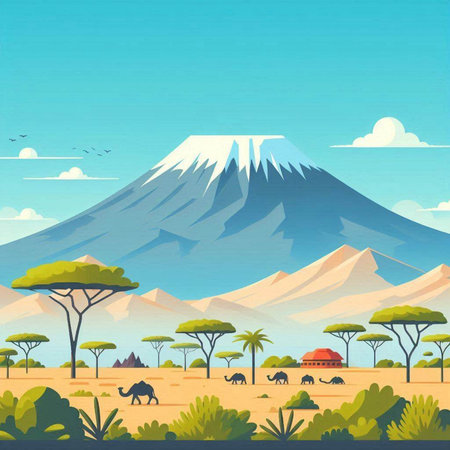 Mt. Fuji in the savannah of Africa, vector illustrationのイラスト素材