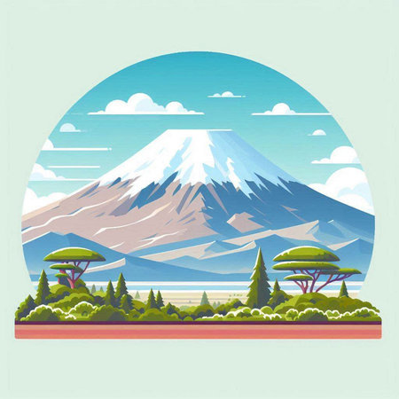 Mount Fuji and the lake. Japan. Vector illustration. Retro style.のイラスト素材