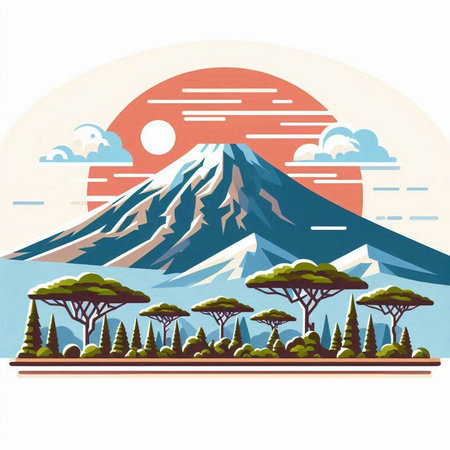 Mount Fuji with pine forest and sun. Japan. Vector illustration.のイラスト素材