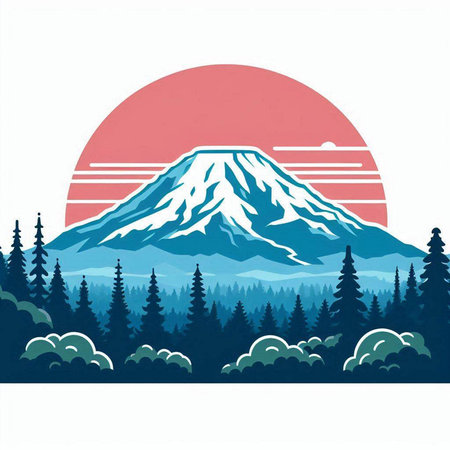 Mount Fuji with pine trees and clouds in the background. Vector illustration.のイラスト素材