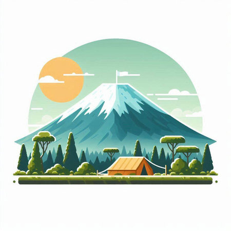 Mount Fuji, Japan. Landscape with a camping tent. Vector illustration.のイラスト素材