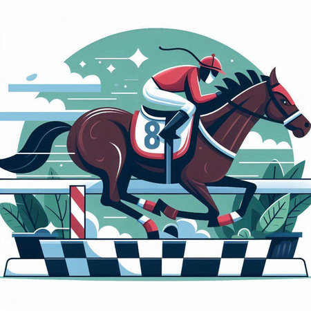 Jockey on horse jumping over obstacles. Vector illustration in retro style.のイラスト素材