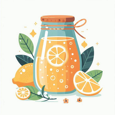 Lemonade in a jar with lemon slices and leaves. Vector illustration.のイラスト素材