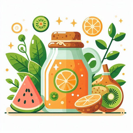 Fruit juice in a jar. Vector illustration. Flat style.のイラスト素材