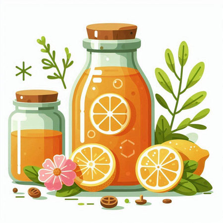 Lemonade in a glass jar with lemon slices and mint leaves. Vector illustration.のイラスト素材