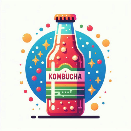Kombucha bottle. Traditional fermented drink. Colorful vector illustration.のイラスト素材