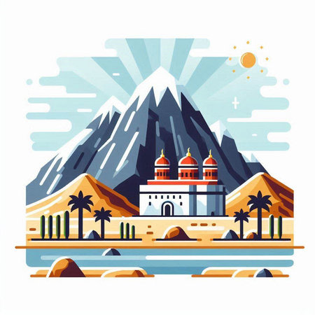 Vector illustration of mosque in flat style on the background of mountains and palms.のイラスト素材