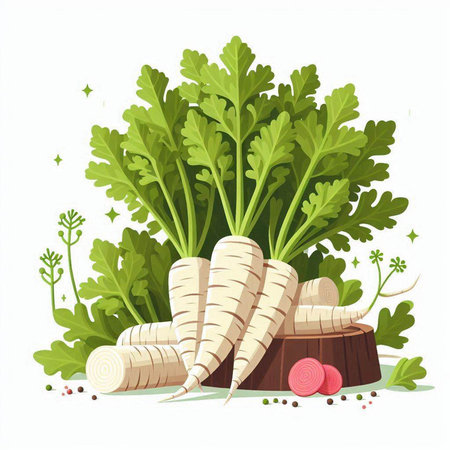 Radish and parsley on a white background. Vector illustration.のイラスト素材