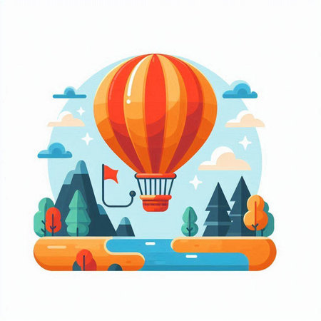 Hot air balloon flying in the sky. Vector illustration in flat styleのイラスト素材