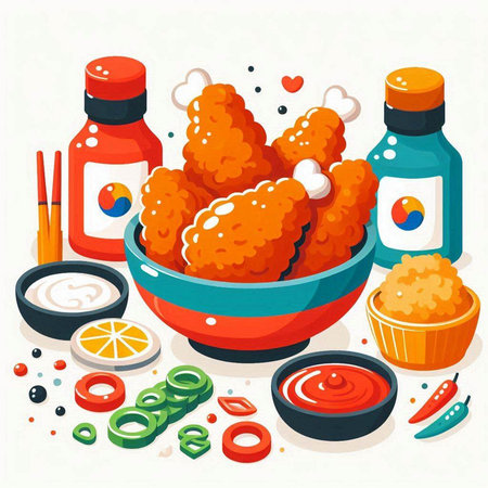 Bowl of fried chicken nuggets with sauces. Vector illustration.のイラスト素材