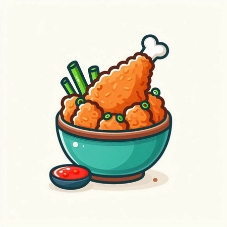 Illustration of fried chicken in bowl with ketchup and chopsticksのイラスト素材