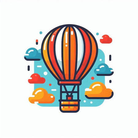 Hot air balloon in the sky with clouds. Flat vector illustration.のイラスト素材