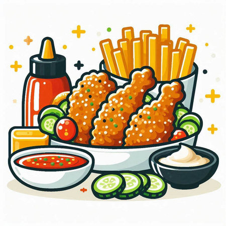 Illustration of fried chicken nuggets with french fries, sauce and picklesのイラスト素材