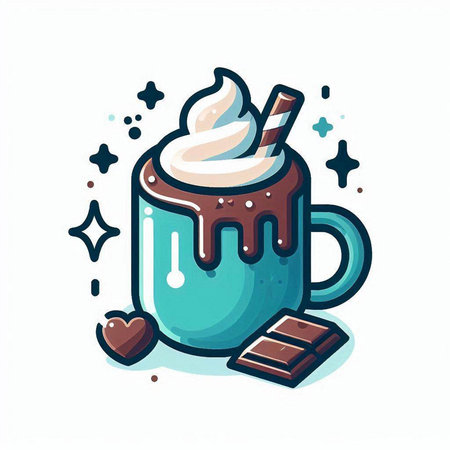 Cup of hot chocolate with whipped cream and chocolate bars. Vector illustration.のイラスト素材