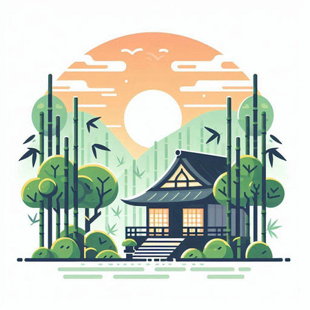 Vector illustration of Japanese house in the forest. Flat style design.のイラスト素材