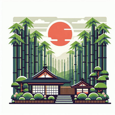 Japanese temple in the forest. Vector illustration in flat style. Isolated on white backgroundのイラスト素材