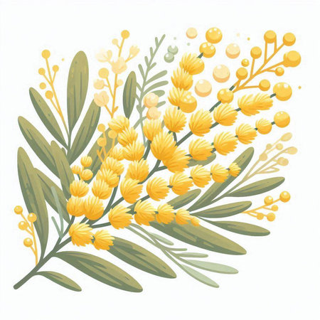 Elegant bouquet of yellow mimosa flowers. Vector illustration.のイラスト素材