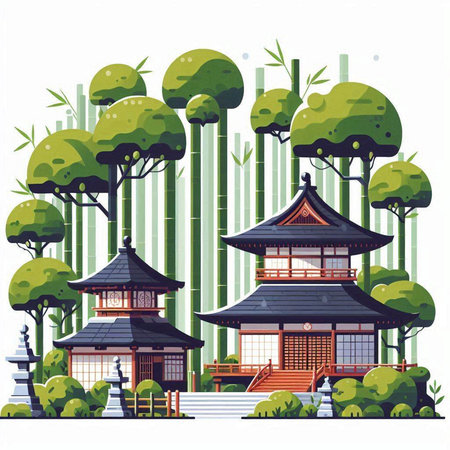 Japanese temple in the forest. Vector illustration in flat cartoon style.のイラスト素材