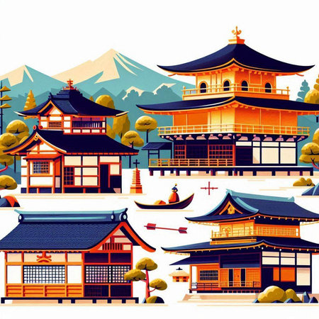 Seamless pattern with traditional japanese buildings. Vector illustrationのイラスト素材