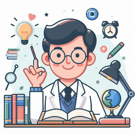 Vector illustration of a male scientist in a lab coat and eyeglasses holding a pen in his hand.のイラスト素材