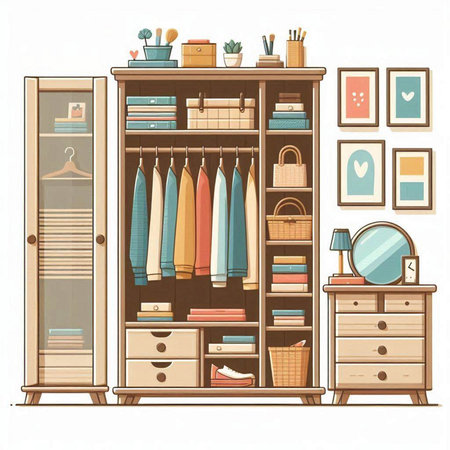 Closet with clothes and accessories. Vector illustration in cartoon style.のイラスト素材
