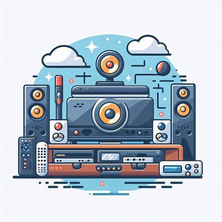 Vector illustration of modern technology and entertainment concept. Flat line style design.のイラスト素材