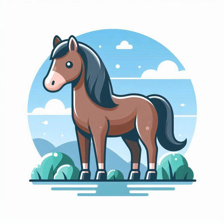 Horse in the meadow. Vector illustration in flat style.のイラスト素材
