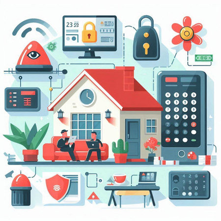 Home security system concept. Vector illustration in flat cartoon style with iconsのイラスト素材