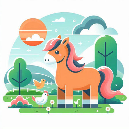 Cute cartoon horse in the field. Vector illustration in flat styleのイラスト素材