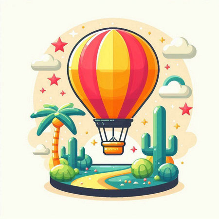 Colorful hot air balloon flying in the desert. Vector illustration.のイラスト素材