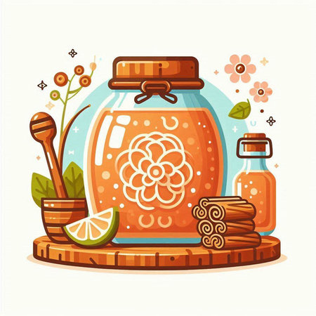 Honey jar with cinnamon, lemon and honey dipper. Vector illustrationのイラスト素材