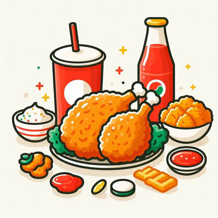Illustration of fried chicken with sauce and cola. Vector illustration.のイラスト素材