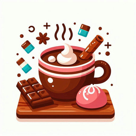 Cup of hot chocolate with marshmallow, cinnamon, candy, star anise and confectionery. Vector illustration.のイラスト素材