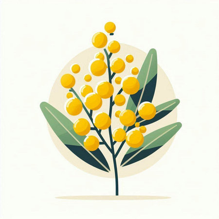 Mimosa branch with yellow flowers. Flat style vector illustration.のイラスト素材